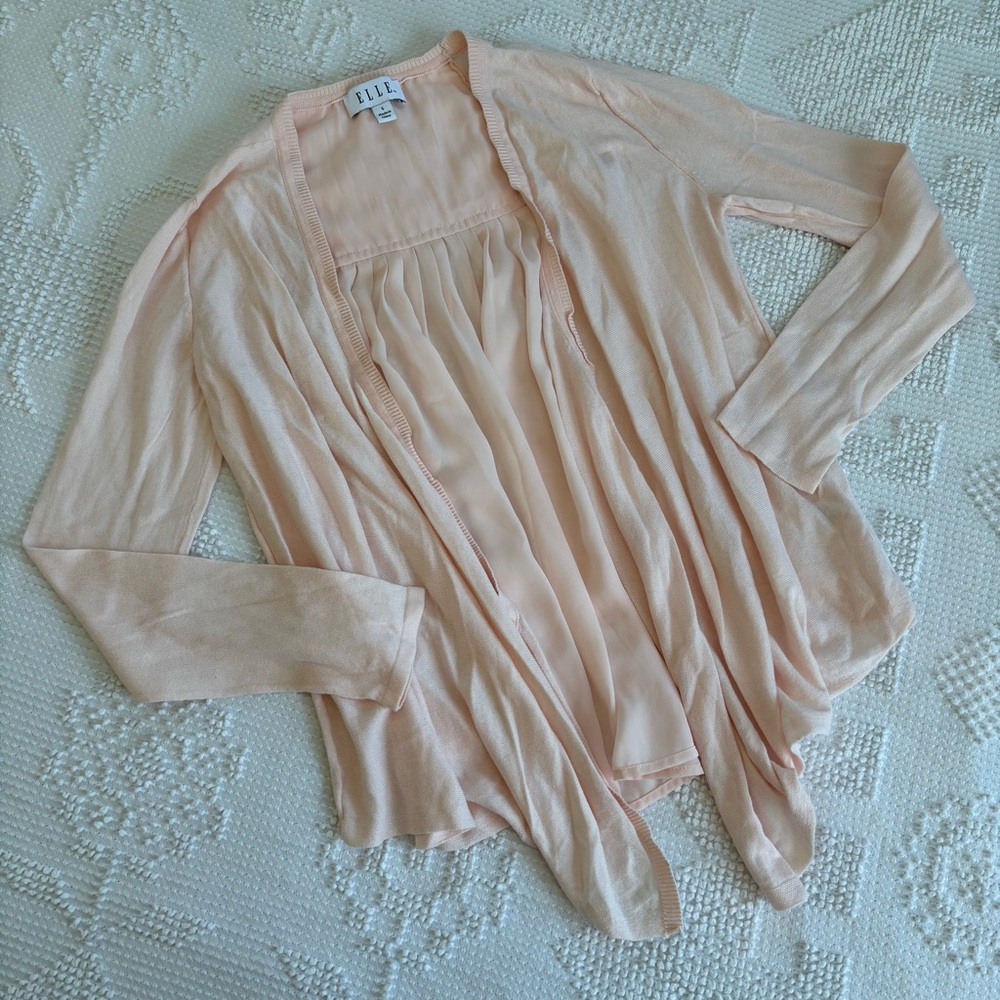 Elle‎ women’s size small pale pink pleated back mixed texture cardigan sweater